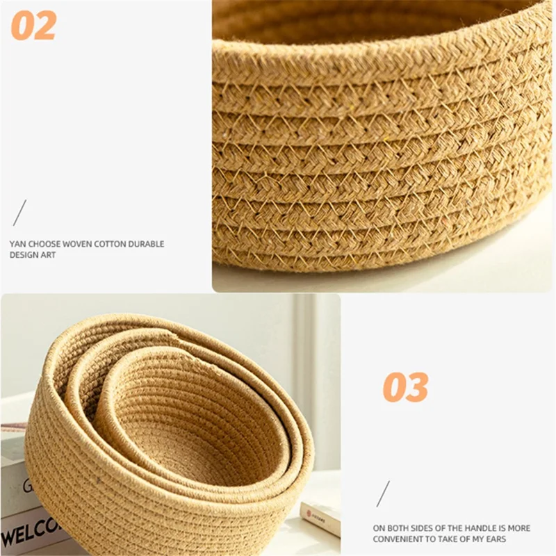 3Pcs / Set Nordic Cotton Rope Woven Storage Basket Round Desktop Cosmetics Organizer Basket - White+Multi-color