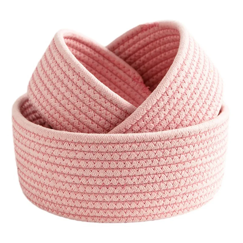 3Pcs / Set Nordic Cotton Rope Woven Storage Basket Round Desktop Cosmetics Organizer Basket - Pink