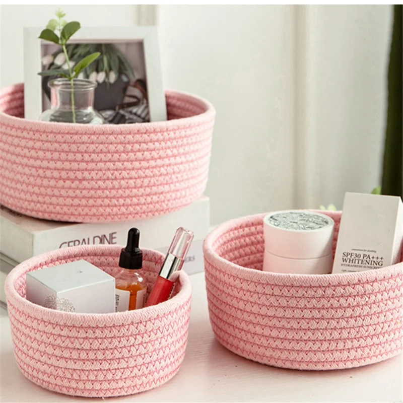 3Pcs / Set Nordic Cotton Rope Woven Storage Basket Round Desktop Cosmetics Organizer Basket - Pink