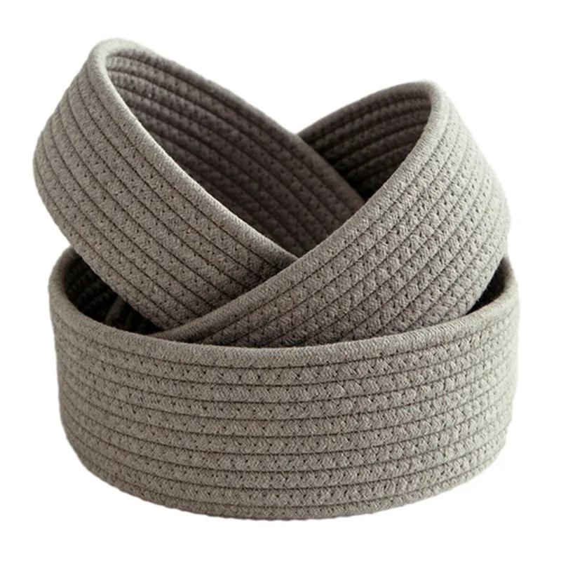 3Pcs / Set Nordic Cotton Rope Woven Storage Basket Round Desktop Cosmetics Organizer Basket - Dark Grey