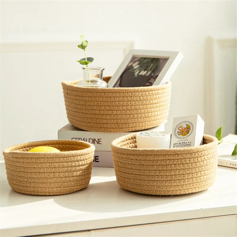 3Pcs / Set Nordic Cotton Rope Woven Storage Basket Round Desktop Cosmetics Organizer Basket - Dark Grey