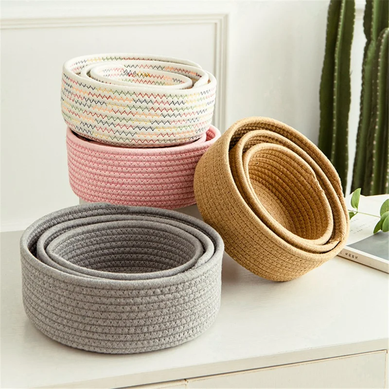 3Pcs / Set Nordic Cotton Rope Woven Storage Basket Round Desktop Cosmetics Organizer Basket - Dark Grey