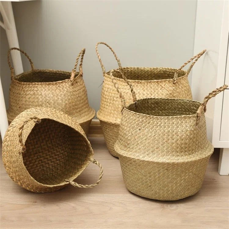 Woven Straw Basket Flowerpot Plant Handwoven Storage Bin Home Decoration Organizer Bag - Yellow
