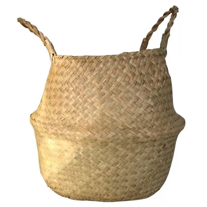 Flowerpot Plant Handwoven Storage Bin Organizer Foldable Bag Straw Woven Basket, Size: M - Yellow