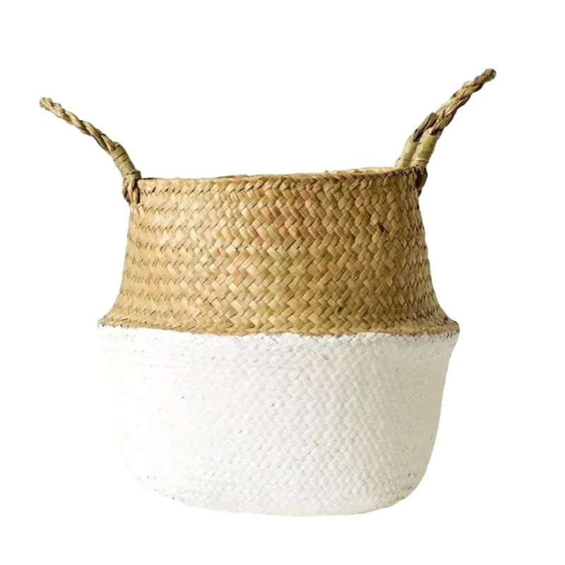 Flowerpot Plant Handwoven Storage Bin Organizer Foldable Bag Straw Woven Basket, Size: M - White
