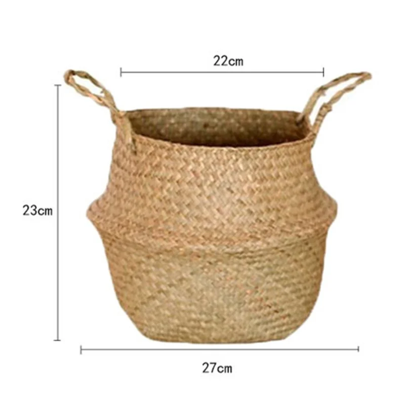 Flowerpot Plant Handwoven Storage Bin Organizer Foldable Bag Straw Woven Basket, Size: M - White
