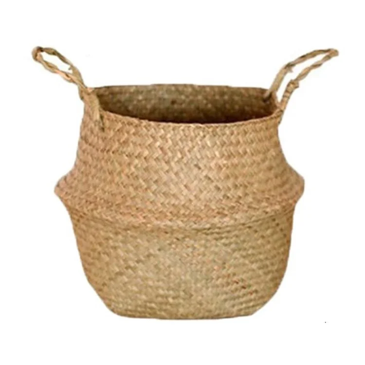 Straw Woven Basket Flowerpot Plant Handwoven Storage Bin Organizer Foldable Bag, Size: XL - Yellow