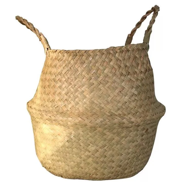 Straw Woven Basket Flowerpot Plant Handwoven Storage Bin Organizer Foldable Bag, Size: XL - Yellow