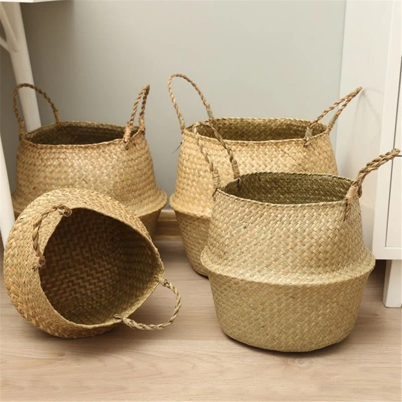 Straw Woven Basket Flowerpot Plant Handwoven Storage Bin Organizer Foldable Bag, Size: XL - White