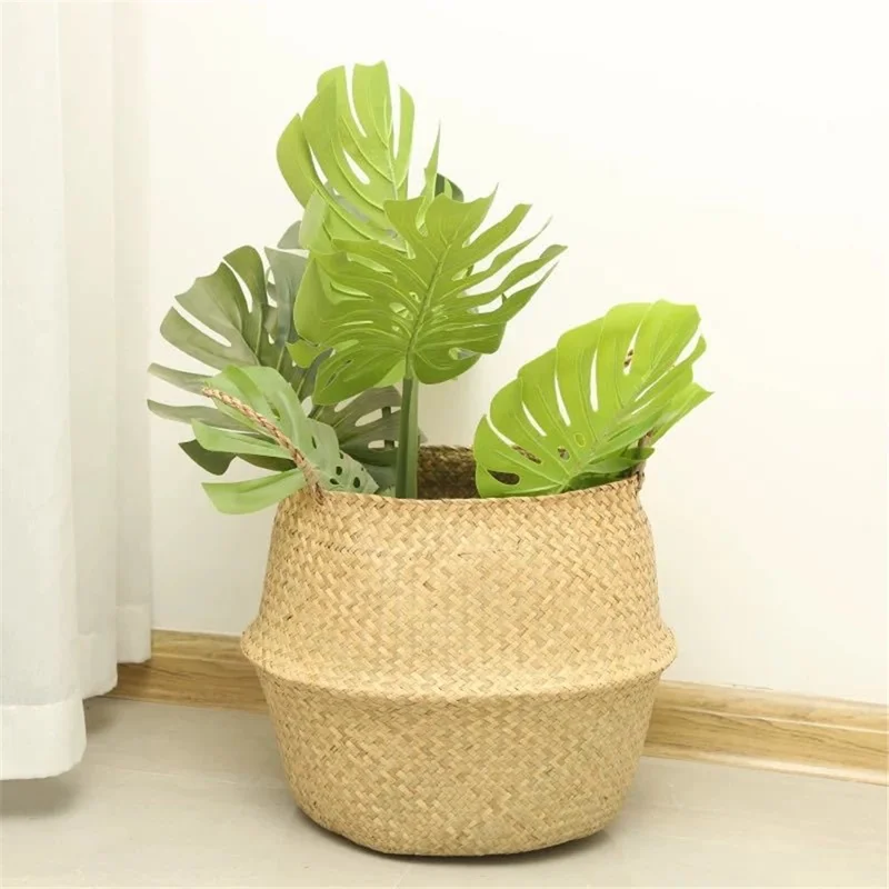 Straw Woven Basket Flowerpot Plant Handwoven Storage Bin Organizer Foldable Bag, Size: XL - White