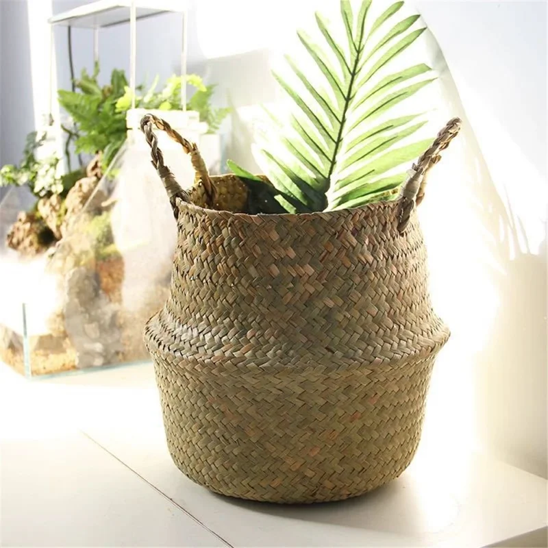 Straw Woven Basket Flowerpot Plant Handwoven Storage Bin Organizer Foldable Bag, Size: XL - White