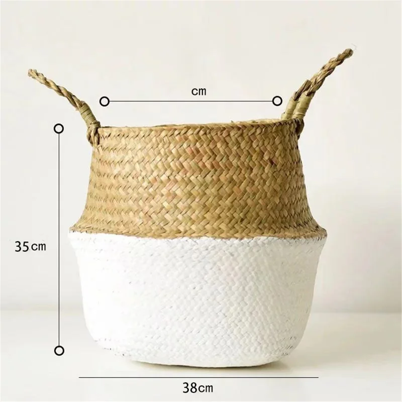 Straw Woven Basket Flowerpot Plant Handwoven Storage Bin Organizer Foldable Bag, Size: XL - White