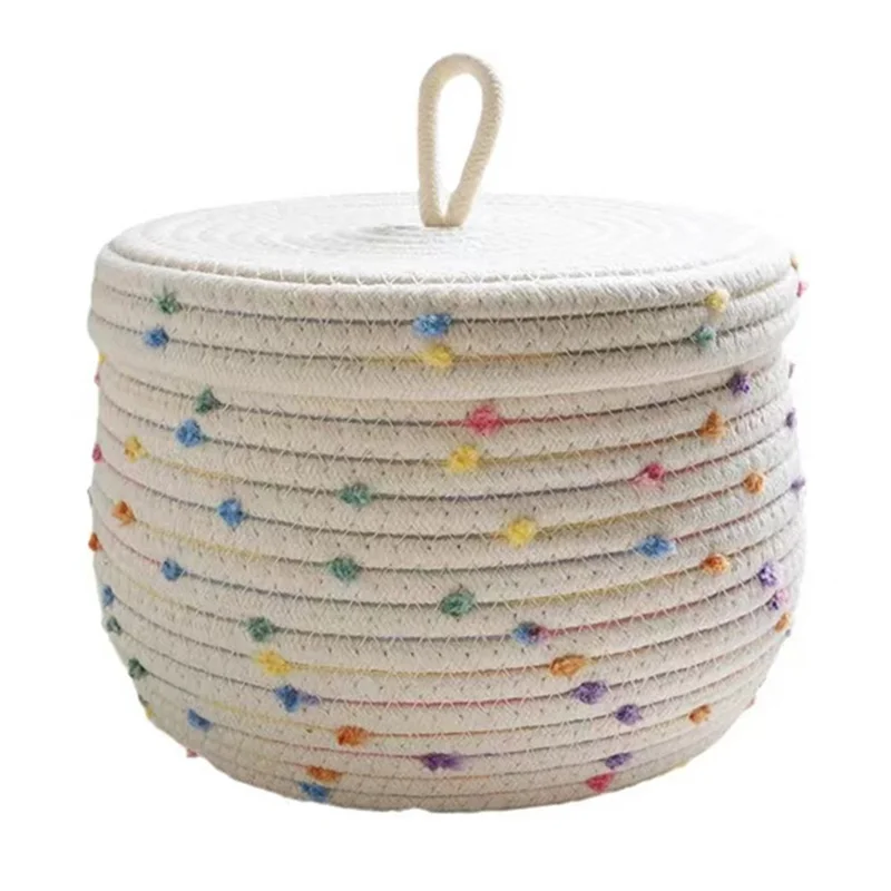 Lid Design Cotton Rope Basket Storage Box Home Decoration Bin for Snacks, Candy, Cookies - White