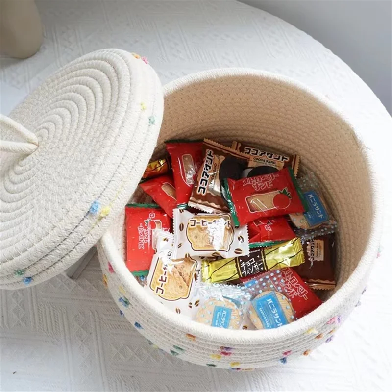 Lid Design Cotton Rope Basket Storage Box Home Decoration Bin for Snacks, Candy, Cookies - Green