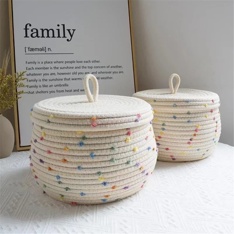 Lid Design Cotton Rope Basket Storage Box Home Decoration Bin for Snacks, Candy, Cookies - Green