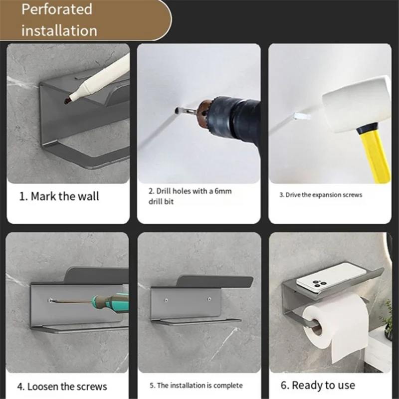 Carbon Steel Wall Mounted Bathroom Toilet Paper Roll Holder Mobile Phone Storage Shelf - Black