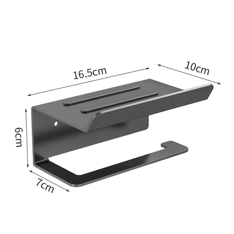 Carbon Steel Wall Mounted Bathroom Toilet Paper Roll Holder Mobile Phone Storage Shelf - Black