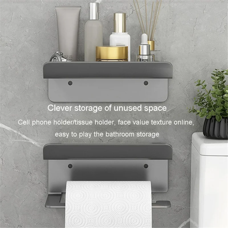 Carbon Steel Wall Mounted Bathroom Toilet Paper Roll Holder Mobile Phone Storage Shelf - Black