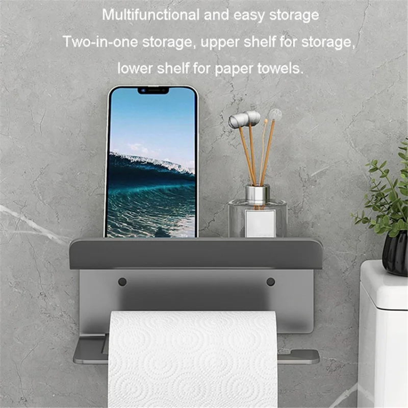 Carbon Steel Wall Mounted Bathroom Toilet Paper Roll Holder Mobile Phone Storage Shelf - Black