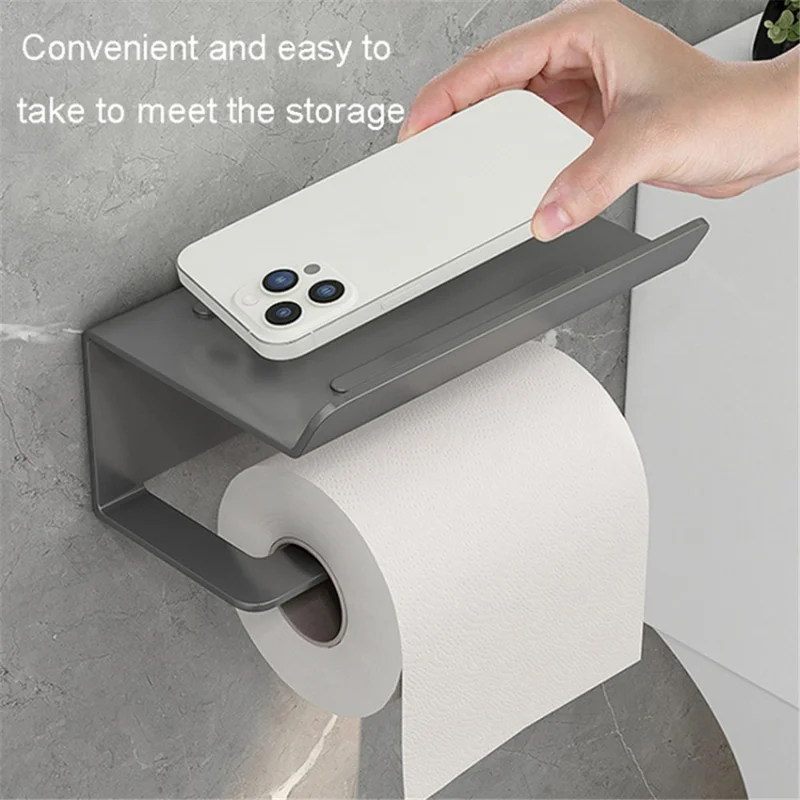 Carbon Steel Wall Mounted Bathroom Toilet Paper Roll Holder Mobile Phone Storage Shelf - Black