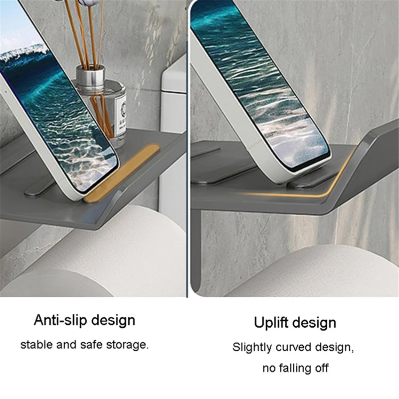 Carbon Steel Wall Mounted Bathroom Toilet Paper Roll Holder Mobile Phone Storage Shelf - Black