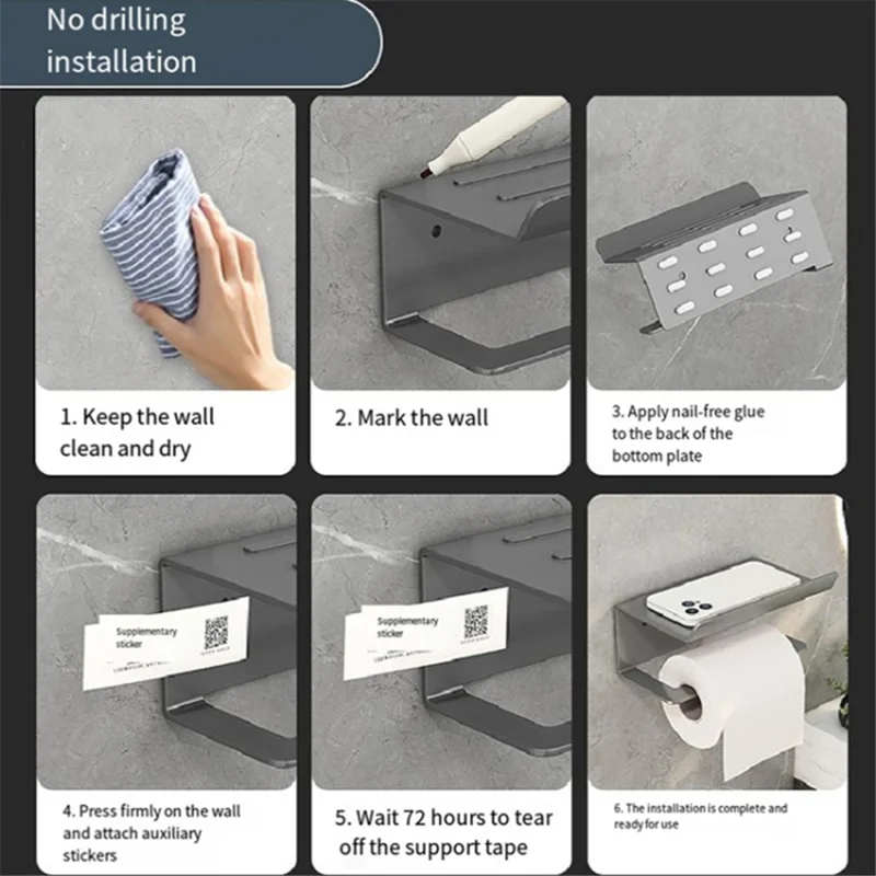 Carbon Steel Wall Mounted Bathroom Toilet Paper Roll Holder Mobile Phone Storage Shelf - Black