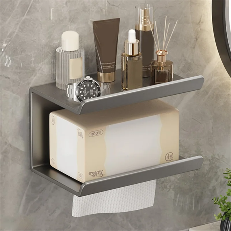 2-in-1 Wall Mounted Carbon Steel Bathroom Toilet Paper Holder with Storage Shelf - Grey