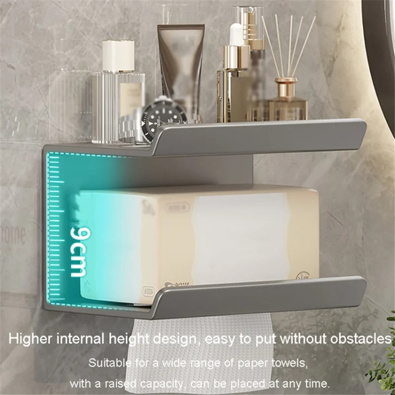 2-in-1 Wall Mounted Carbon Steel Bathroom Toilet Paper Holder with Storage Shelf - Grey