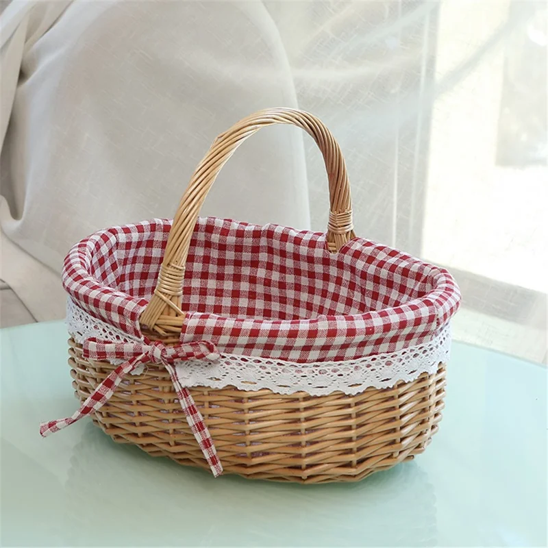 Wicker Picnic Basket with Handle Willow Hand Woven Easter Basket Toy Storage, Size: L - Red Grid