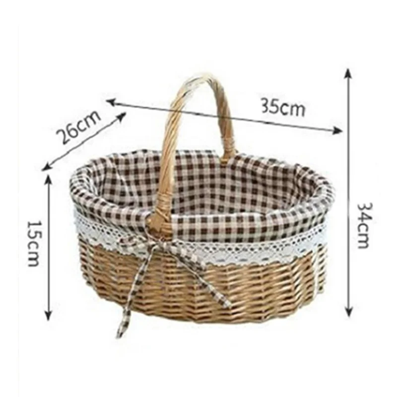 Wicker Picnic Basket with Handle Willow Hand Woven Easter Basket Toy Storage, Size: L - Red Grid