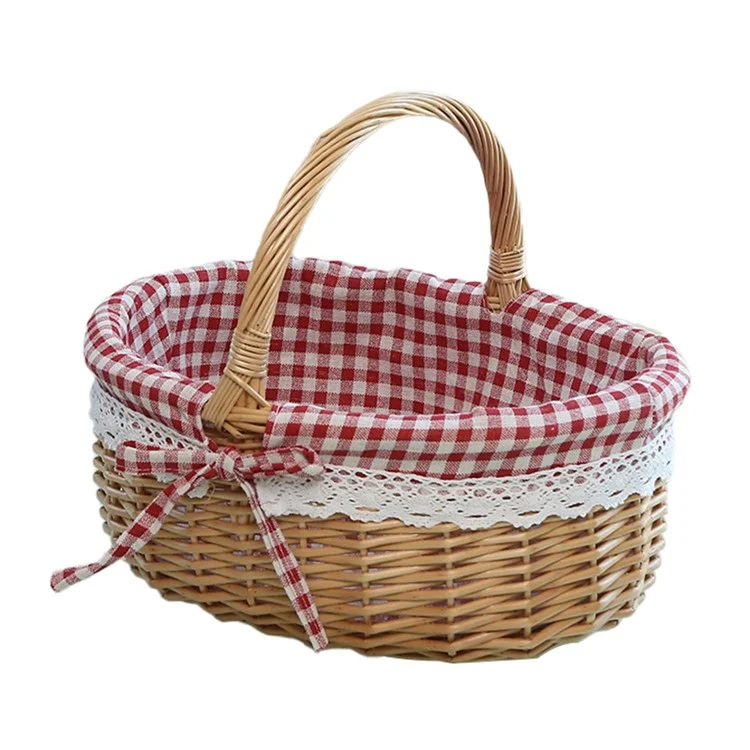 Willow Hamper Portable Outdoor Picnic Basket Woven Basket Egg Container, Size: S - Red Grid