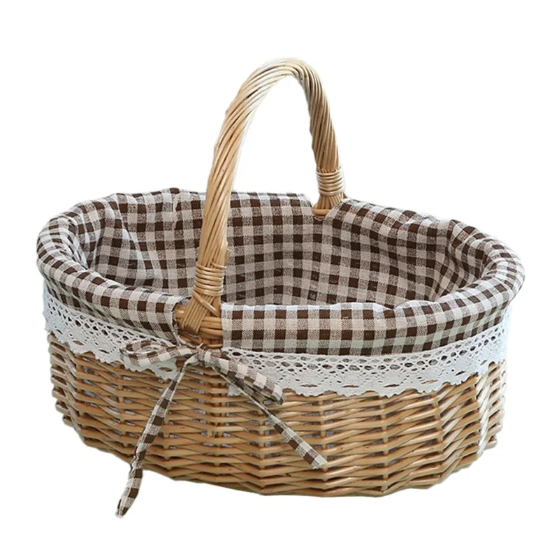 Viljepiknikkurv, bærbar udendørs kurv, vævet kurv til æg, Størrelse: S - Kaffe Ternet