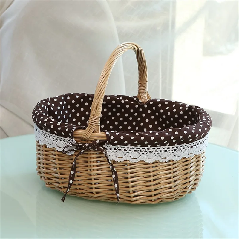 Willow Hamper Portable Outdoor Picnic Basket Woven Basket Egg Container, Size: S - White Dot