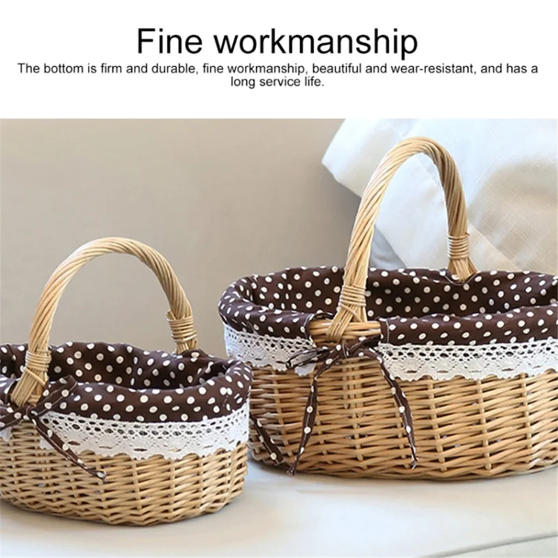 Willow Hamper Portable Outdoor Picnic Basket Woven Basket Egg Container, Size: S - White Dot