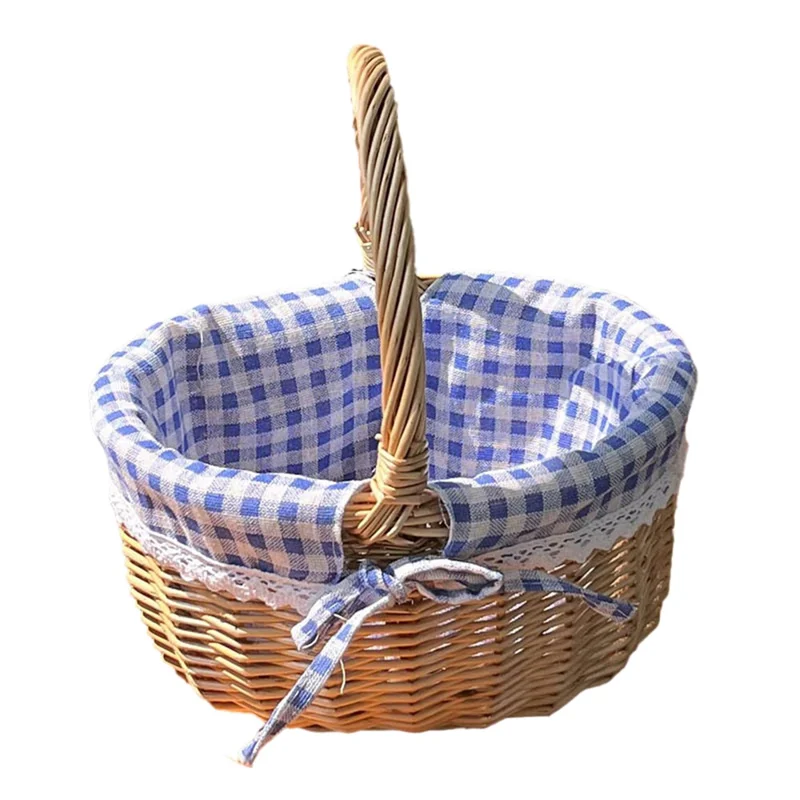 Willow Hamper Portable Outdoor Picnic Basket Woven Basket Egg Container, Size: S - Blue Grid