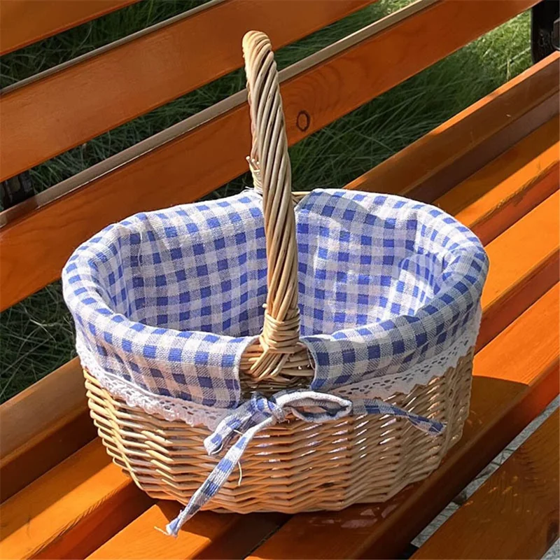 Willow Hamper Portable Outdoor Picnic Basket Woven Basket Egg Container, Size: S - Blue Grid
