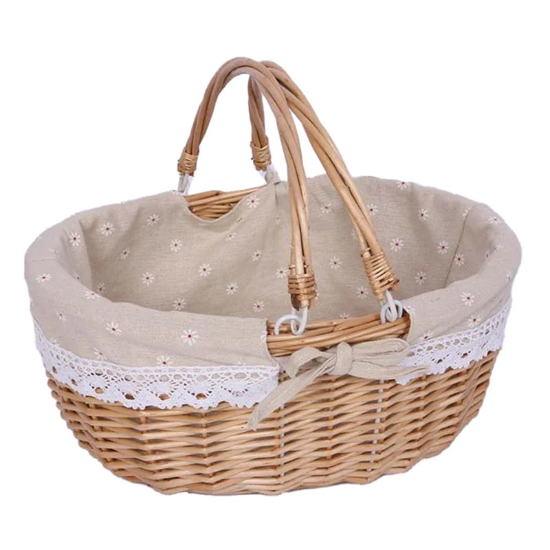 Willow Hamper Portable Outdoor Picnic Basket Woven Basket Egg Container, Size: S - Double Handles / Daisy