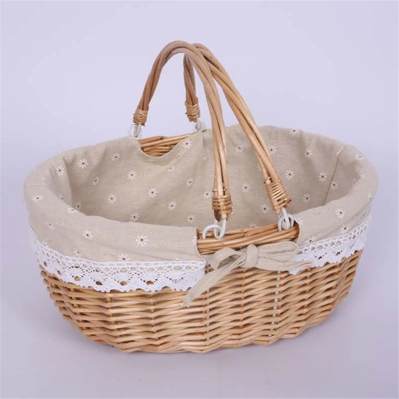 Willow Hamper Portable Outdoor Picnic Basket Woven Basket Egg Container, Size: S - Double Handles / Daisy