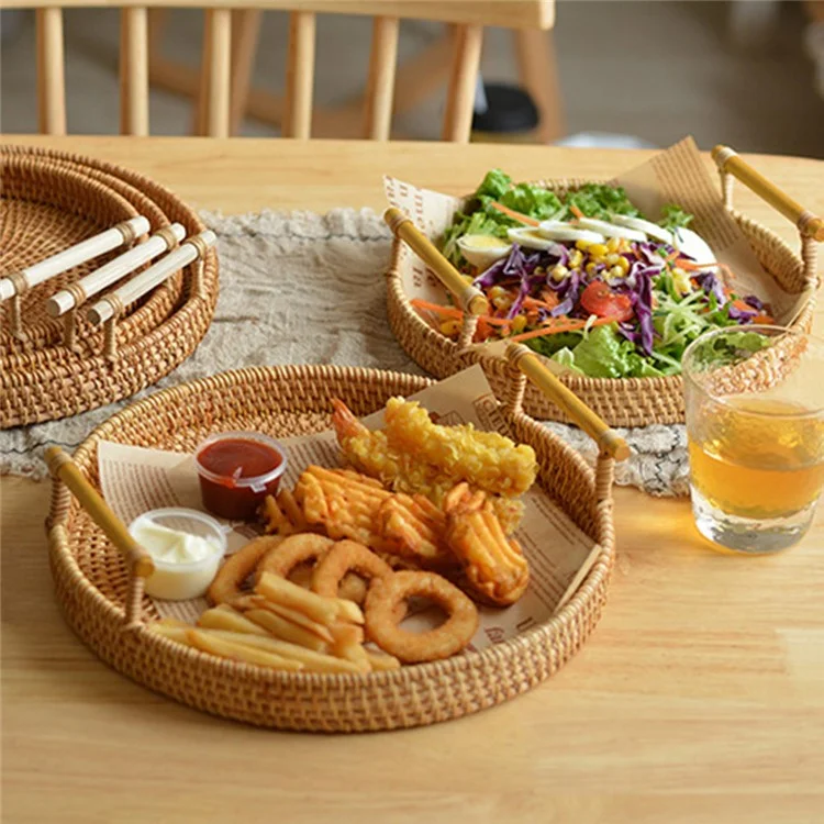 Round Storage Tray with Handle Bread Fruit Woven Rattan Basket S (No FDA)