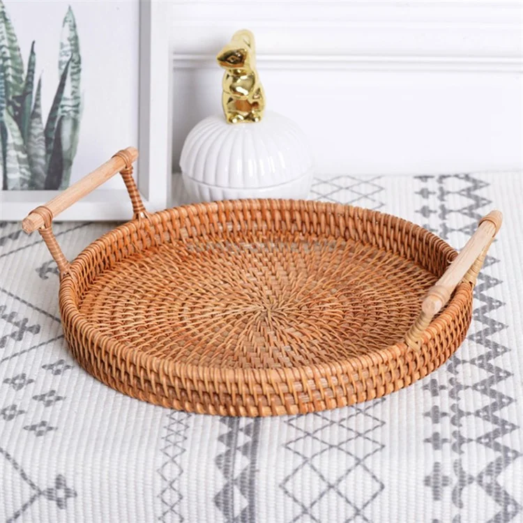 Woven Rattan Basket Bread Fruit Round Storage Tray with Handle M (No FDA)
