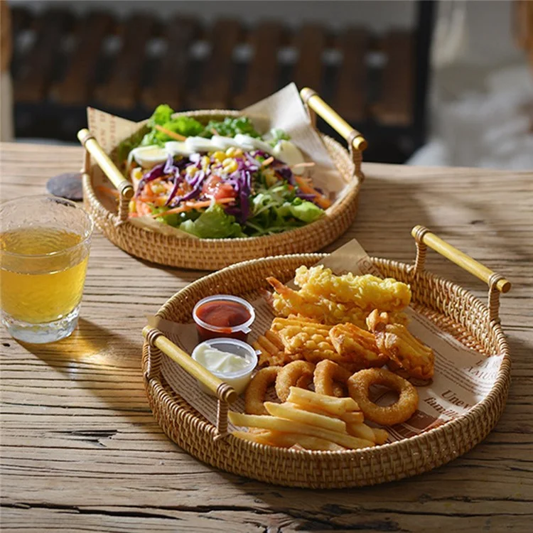 Woven Rattan Basket Bread Fruit Round Storage Tray with Handle M (No FDA)