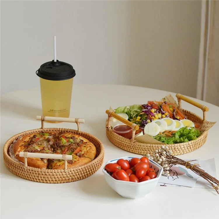 Woven Rattan Basket Bread Fruit Round Storage Tray with Handle M (No FDA)