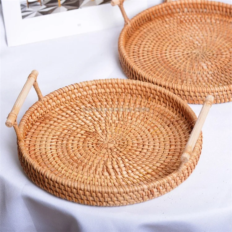 Woven Rattan Basket Bread Fruit Round Storage Tray with Handle M (No FDA)