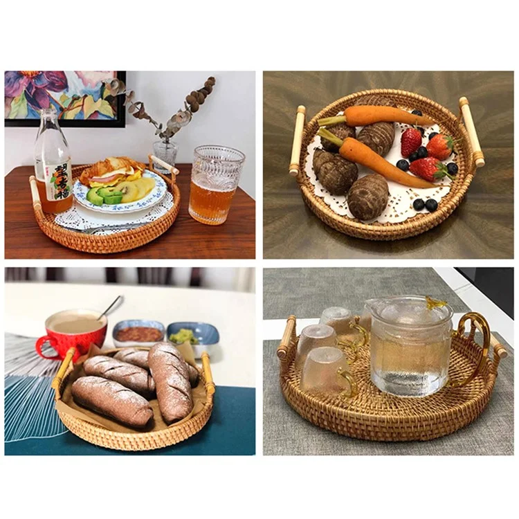 Woven Rattan Basket Bread Fruit Round Storage Tray with Handle M (No FDA)