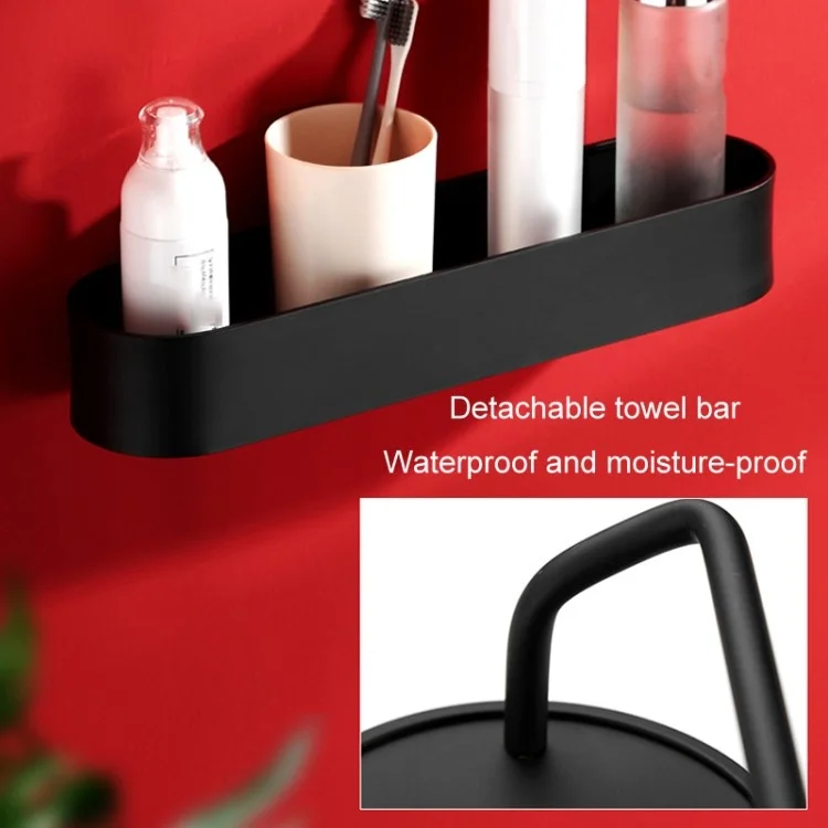 5303 30cm Bathroom Toilet Space Aluminum Storage Rack with Towel Hanging Rod - Black