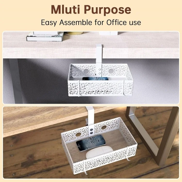 Under Desk Storage Organizer Clamp-On Metal Under Desktop Drawer Basket (Fixed Style) - White