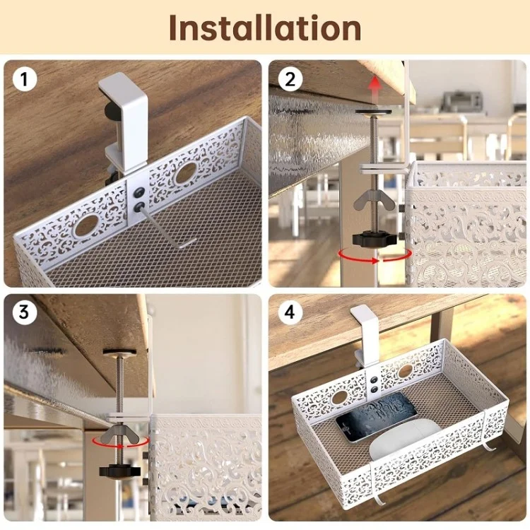 Under Desk Storage Organizer Clamp-On Metal Under Desktop Drawer Basket (Fixed Style) - White