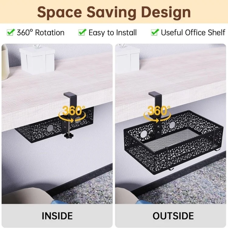 Under Desk Storage Organizer Clamp-On Metal Under Desktop Drawer Basket (Fixed Style) - White