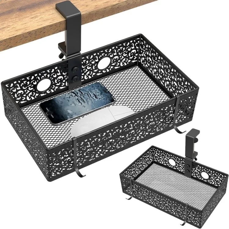 Under Desk Storage Organizer Clamp-On Metal Under Desktop Drawer Basket (Fixed Style) - White