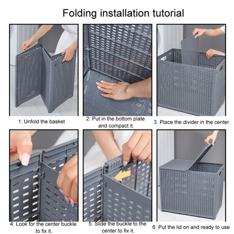 Size XL Partition Compartment Laundry Basket Foldable PP Clothes Hamper Box with Lid - Grey